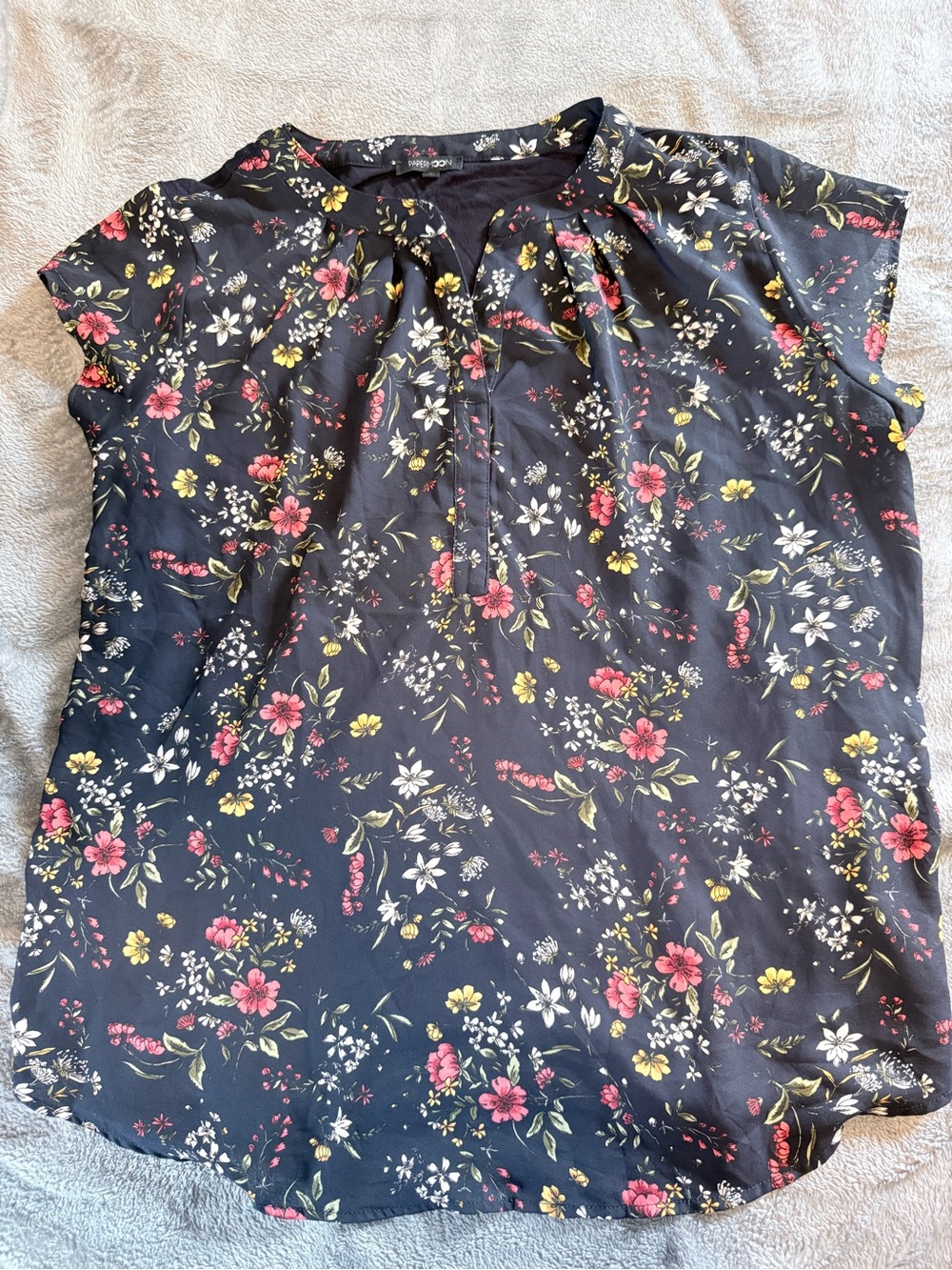 Papermoon Navy Floral Cap-Sleeve Blouse with Pink and Yellow Flowers